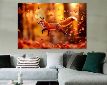 Fox leaps through autumn leaves by Poster Art Shop