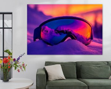 Zonnebril in de sneeuw bij zonsondergang van Poster Art Shop