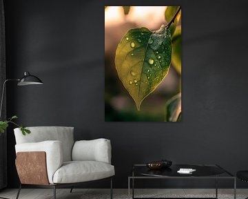 Drops of water on a green leaf by Poster Art Shop