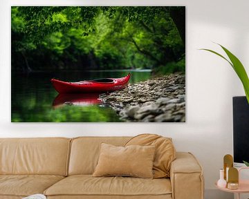 Rode kajak op de kalme rivieroever van Poster Art Shop