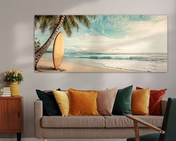 Tropisch strand met surfplank van Poster Art Shop