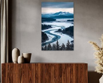 Winterlandschap met besneeuwde rivier van Poster Art Shop