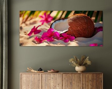 Coconut with flowers on the beach by Poster Art Shop