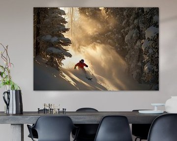 Skiërs in winters boslicht van Poster Art Shop