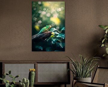 Green chameleon on tree trunk by Poster Art Shop
