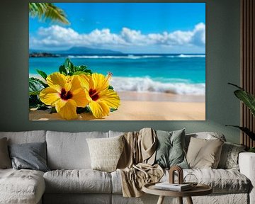 Yellow hibiscus flowers on the beach by Poster Art Shop