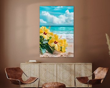 Yellow hibiscus flowers on the beach by Poster Art Shop