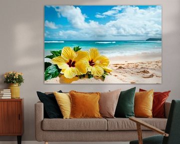 Beach with yellow hibiscus flowers by Poster Art Shop