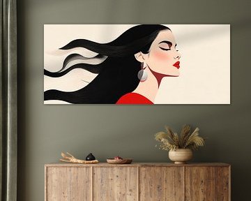 Elegance in the wind - Beautiful woman Red lips, black hair by Poster Art Shop