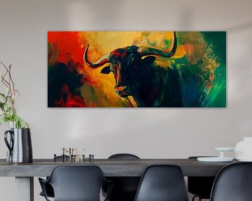 Kleurrijke stier in het heetst van de strijd Wilde kracht - stier in de verte van Poster Art Shop