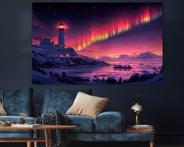 Vuurtoren onder Aurora Borealis