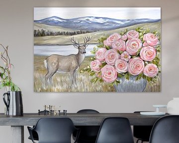 Hert met roze rozen schilderij van Imperial Art House