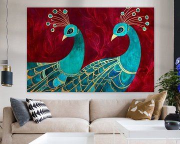 Elegant peacocks against a red background by Poster Art Shop