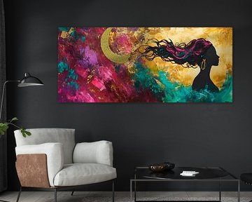 Silhouette of a woman in front of a colourful sky by Poster Art Shop