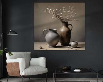 Still life of a vase with dried flowers.