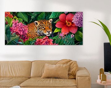 Jaguar im bunten Blumenmeer versteckt von Poster Art Shop
