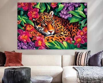 Jaguar hidden among colourful flowers by Poster Art Shop