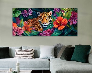 Lauernder Jaguar im bunten Blumenmeer von Poster Art Shop