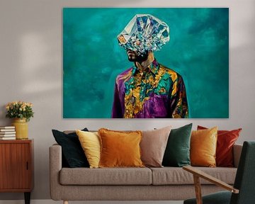 Mann mit Kristallkopf vor farbigem Hintergrund von Poster Art Shop