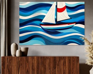 Zeilboot op zachtblauwe golven van Poster Art Shop