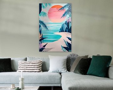 Coucher de soleil sur une plage bordée de palmiers sur Poster Art Shop
