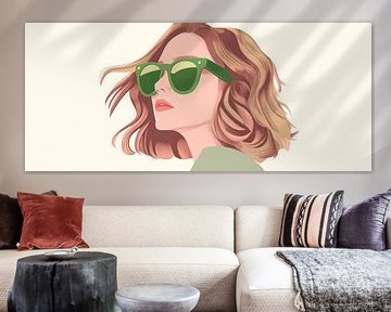 Vrouw met krullend haar en zonnebril van Poster Art Shop