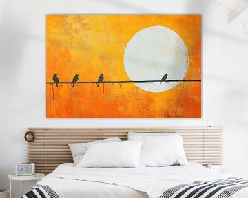Vogels in de avond onder de grote zon van Poster Art Shop