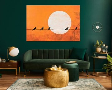 Vogels aan de lijn tegen zonsondergang van Poster Art Shop
