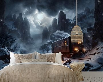 Treinwagon, geparkeerd in de bergen, steampunk