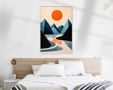 Berglandschap met oranjekleurige zonnebol van Poster Art Shop