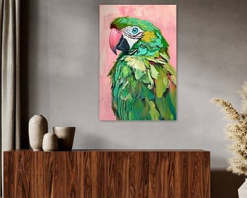 Colourful parrot head against a soft pink background by Poster Art Shop