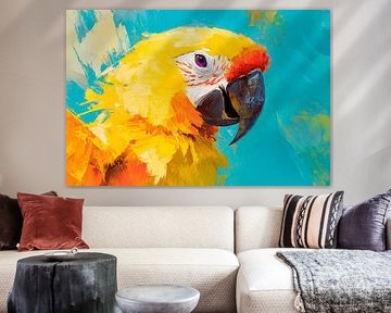 Colourful macaw portrait against a blue background by Poster Art Shop