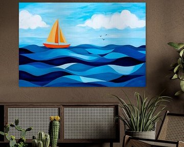 Colourful sailboat on blue waves by Poster Art Shop