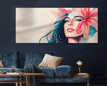 Portrait féminin avec un accent floral sur Poster Art Shop