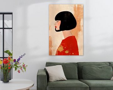 Vrouwelijk profiel in rood en goud - Modern van Poster Art Shop