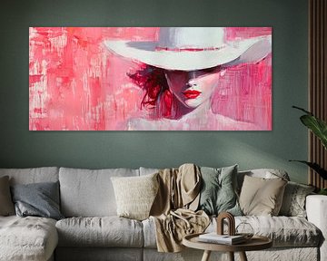 Vrouw met witte hoed voor rode achtergrond van Poster Art Shop