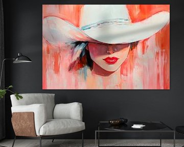 Frau mit breitem Hut vor rotem Hintergrund von Poster Art Shop