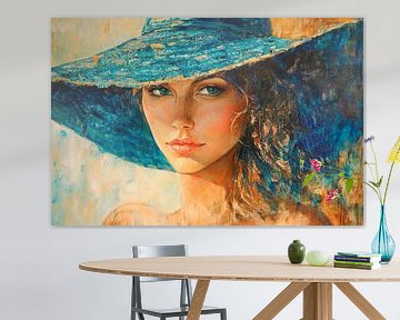 Femme avec une casquette d'été bleue et contact visuel sur Poster Art Shop