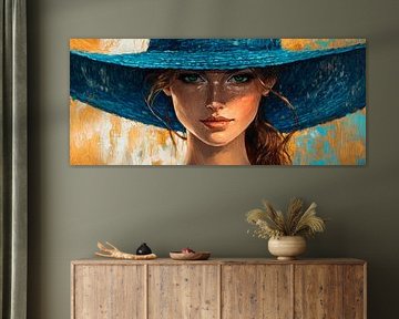 Woman with wide blue hat and sunbeams by Poster Art Shop