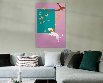 Puppy chases butterflies in spring by Poster Art Shop
