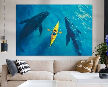 Kajakkers tussen majestueuze walvissen van Poster Art Shop