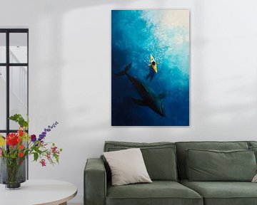 Kajakker en walvis in de blauwe oceaan van Poster Art Shop