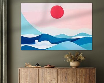 Cat in the sea of waves under a red sun by Poster Art Shop