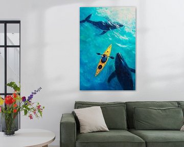 Kajakkers tussen walvissen van Poster Art Shop