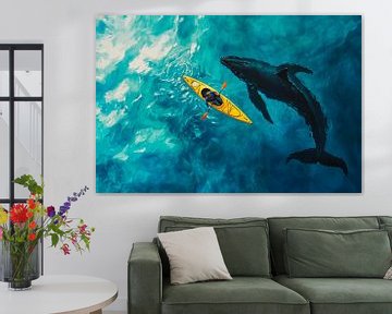 Kayakfahrer und Wal im blauen Meer von Poster Art Shop