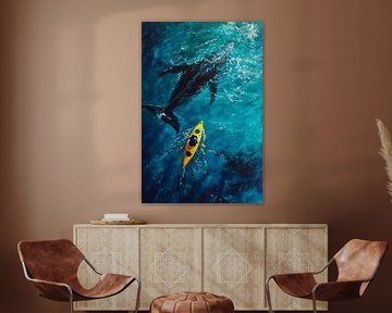 Kajakkers in de schaduw van de haai van Poster Art Shop