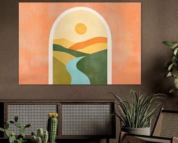 Landschap met rivier en zon van Poster Art Shop