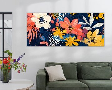 Levendige bloemenexplosie op donkerblauw van Poster Art Shop