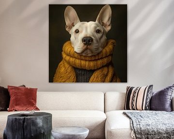 Bull terrier dressed for winter