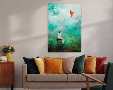 Meisje met vlieger in de zachte mist van Poster Art Shop